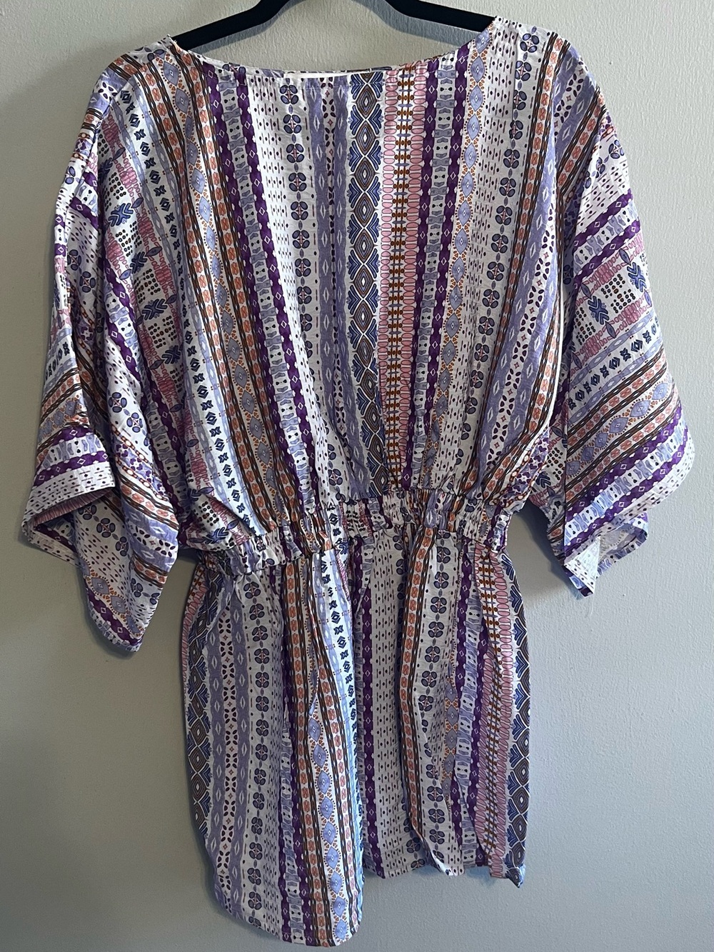 Striped Boho Swim Coverup Tunic in Purple & White | Women’s M